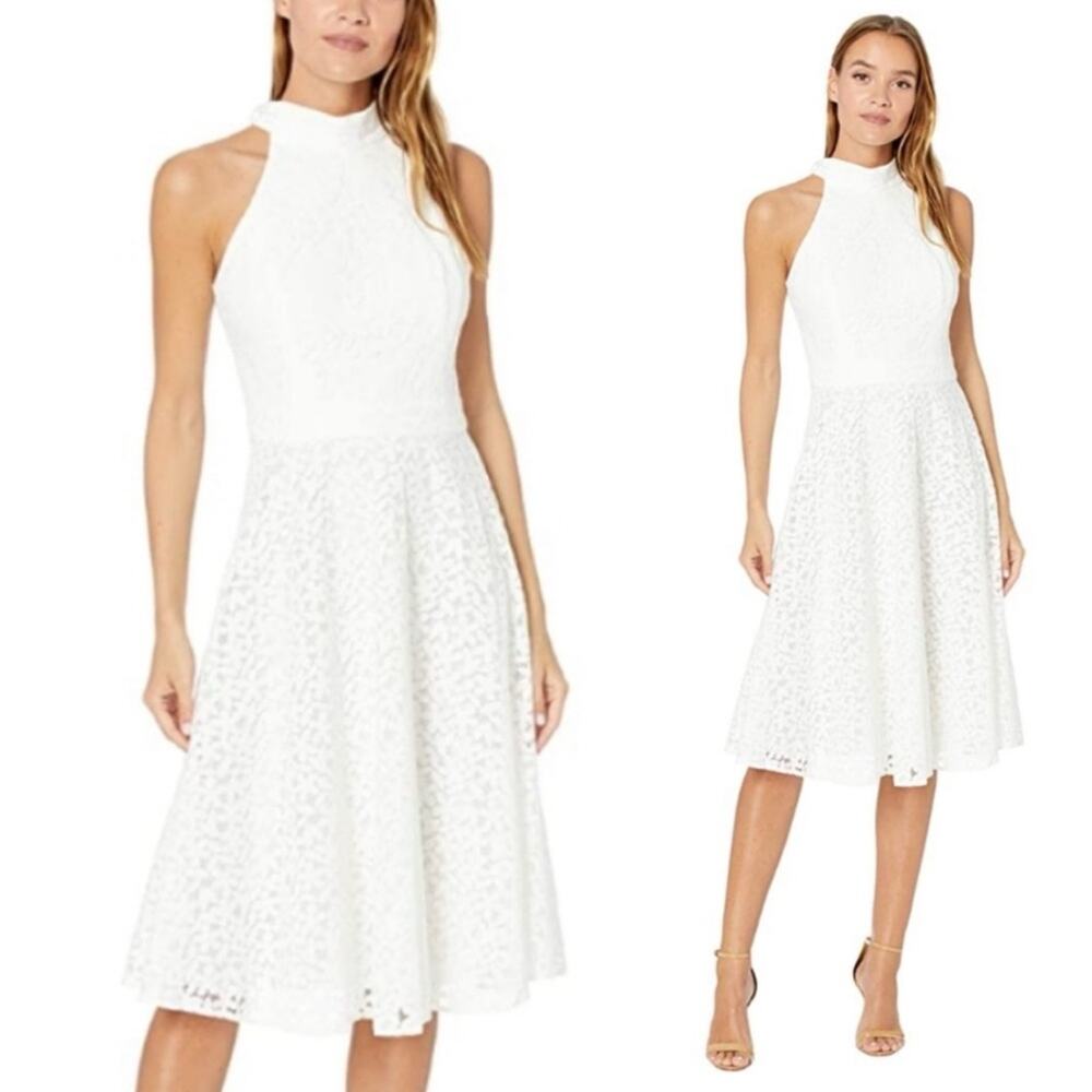 New Tahari White Lace Midi Dress High Neck Halter A-line Ivory Knee Length US 6